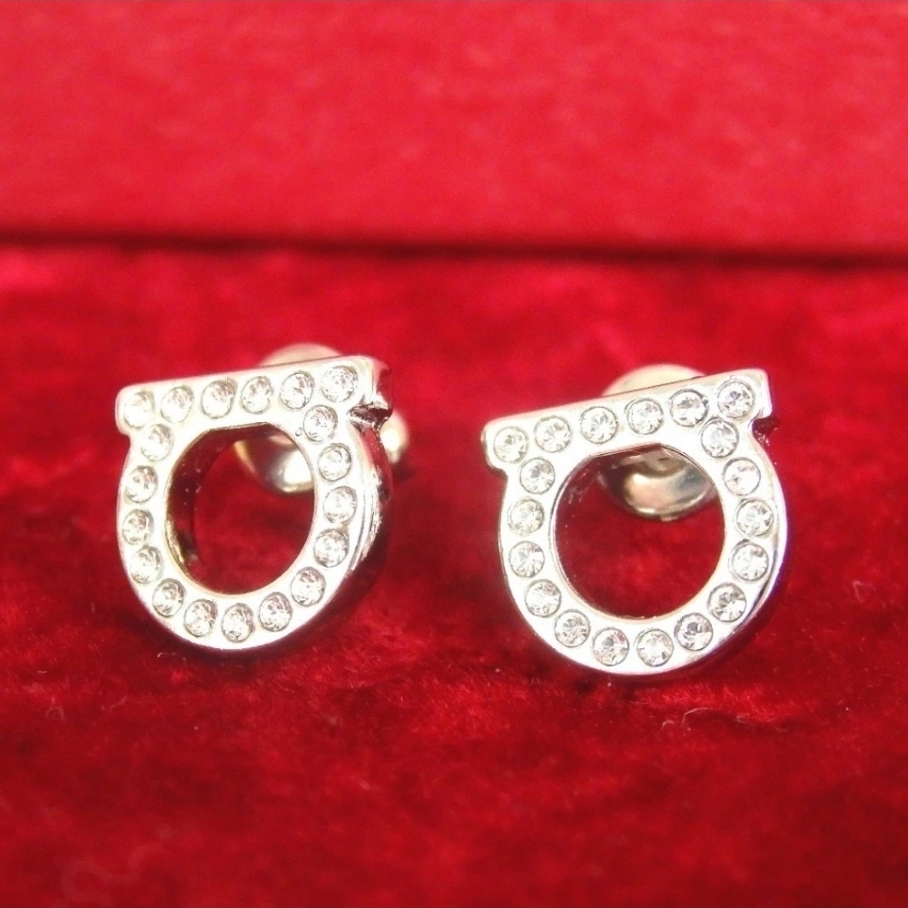 Salvatore Ferragamo Crystal Gancini Stud Earrings Silver Tone Italy